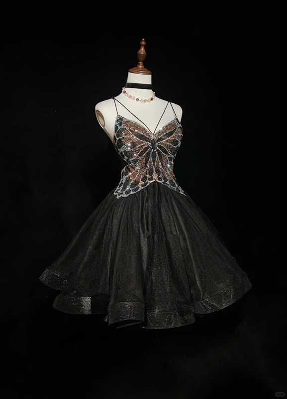 Butterfly design suspenders sequined waist slim fit puffy skirt short skirt homecoming dress R4959