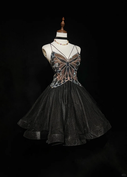 Butterfly design suspenders sequined waist slim fit puffy skirt short skirt homecoming dress R4959