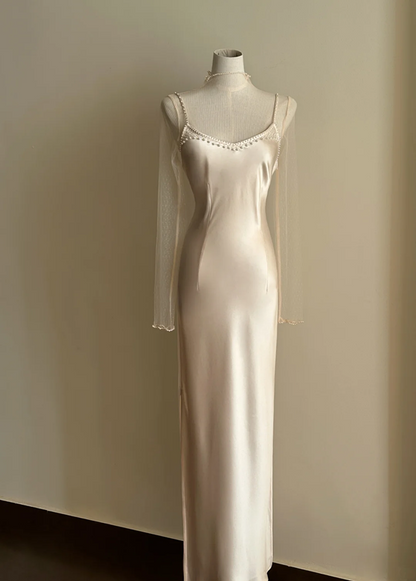 Champagne spaghetti strap, waist-cinched, slim-fit bodycon elegant prom dress R7957