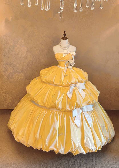 Yellow strapless fitted waist princess skirt long ball gown/bridal dress R7223