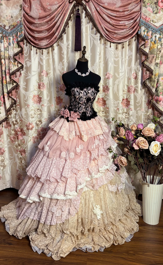 Retro Strapless A-Line Lace Tiered Long Evening Dress Lovely Birthday Ball Gown, D836