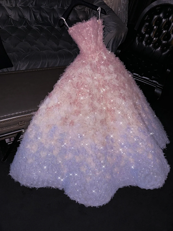 Light pink strapless, fitted waist, full skirt, long ball gown, bridal dress R8797