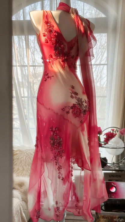 Pink V-neck slim waist irregular skirt dress, prom dress R5421