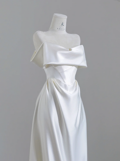 White satin off-the-shoulder, fitted waist, long ball gown/bridal dress R8251
