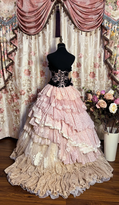 Retro Strapless A-Line Lace Tiered Long Evening Dress Lovely Birthday Ball Gown, D836