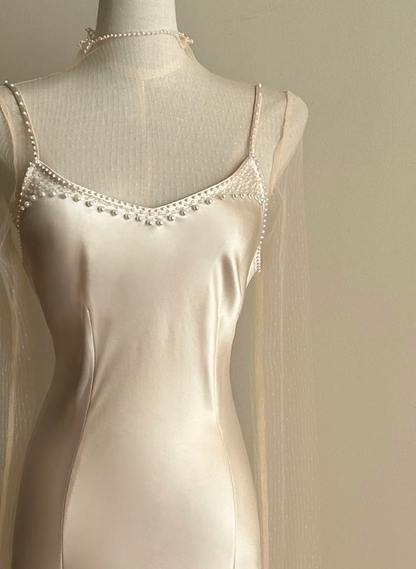 Champagne spaghetti strap, waist-cinched, slim-fit bodycon elegant prom dress R7957