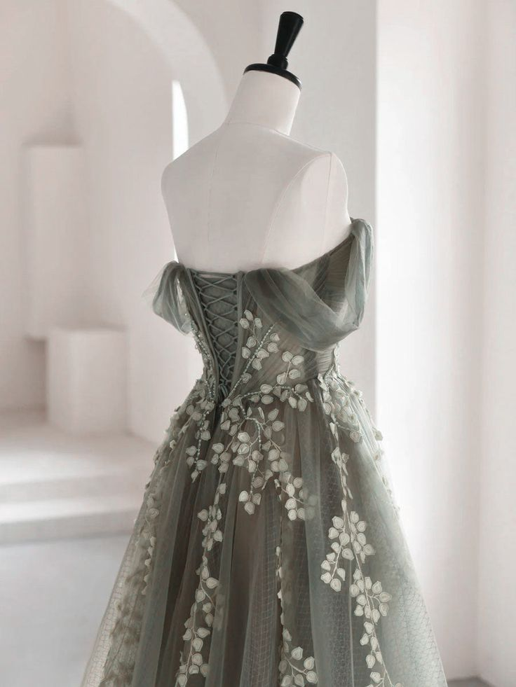 Dusty Green Off Shoulder A-Line Tulle Appliques Long Formal Party Dress MD7247