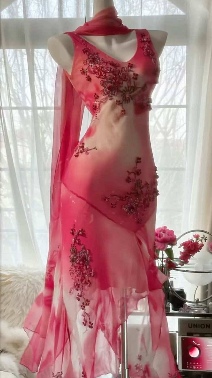 Pink V-neck slim waist irregular skirt dress, prom dress R5421