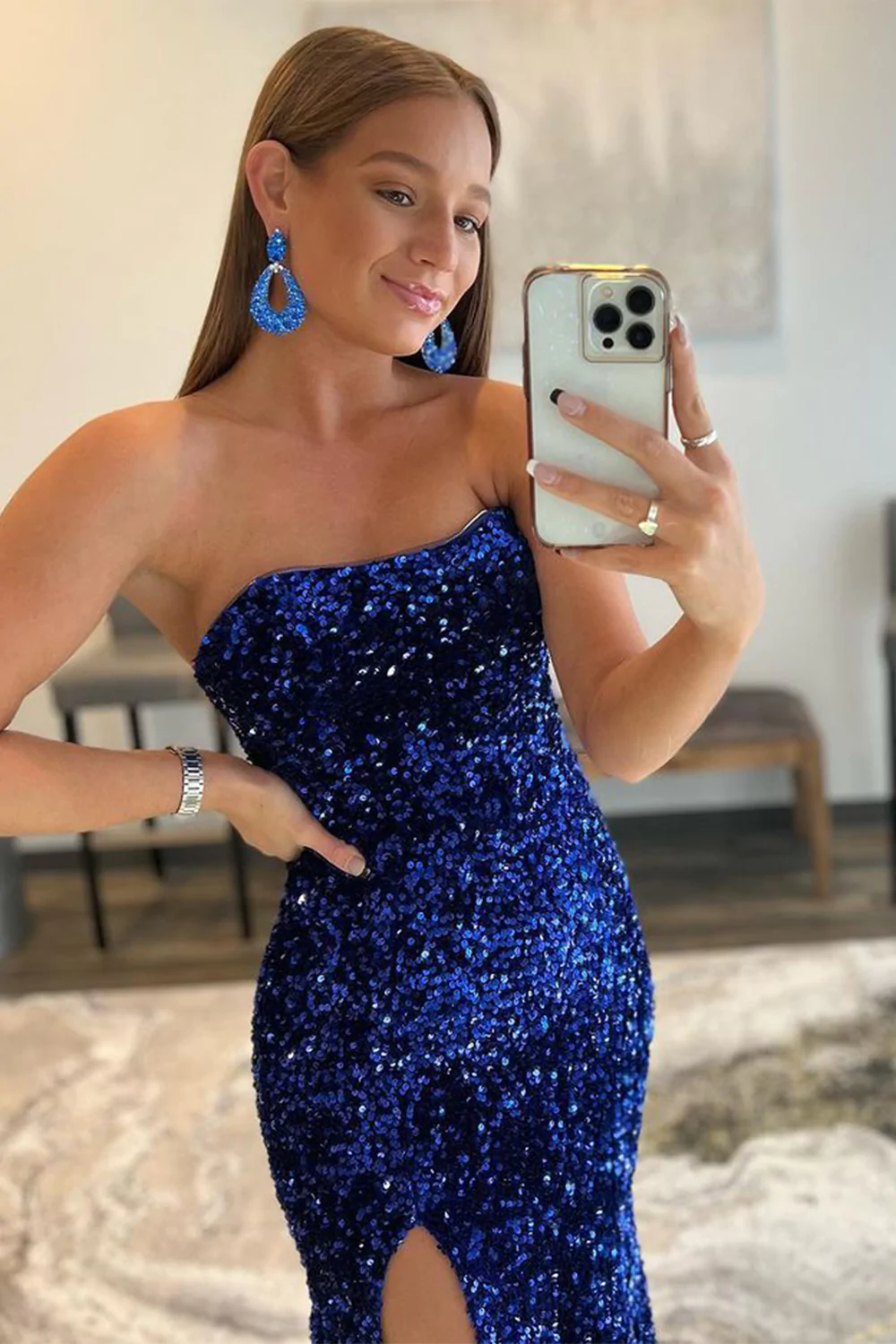 Mermaid Royal Blue Sequin Prom Dress Side Slit Sleeveless Backless Evening Party Long dress Y37