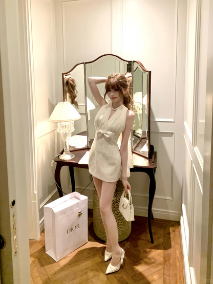 White halter neck slim waist hip sexy short skirt homecoming dress R4229
