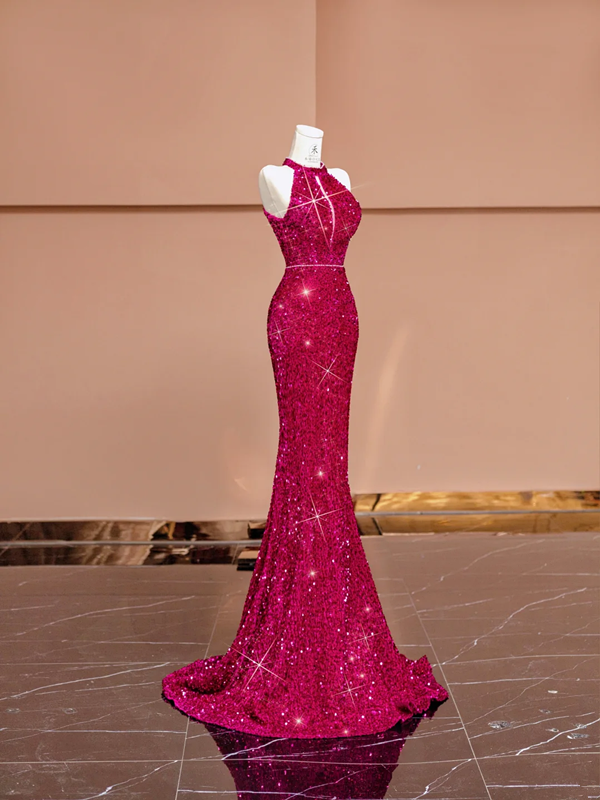 Rose pink halter neck fitted waist bodycon long ball gown/bridal dress R8396