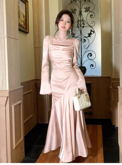 Sweet Pink Satin Mermaid Long Wedding Guest Dress Formal Evening Dress Prom Gown SP1649