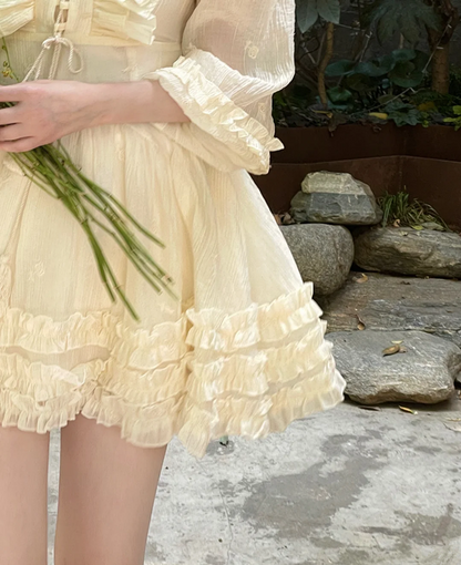 Light apricot V-neck, waist-cinching, tiered ruffle short ball gown R7996