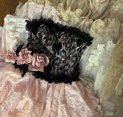 Retro Strapless A-Line Lace Tiered Long Evening Dress Lovely Birthday Ball Gown, D836