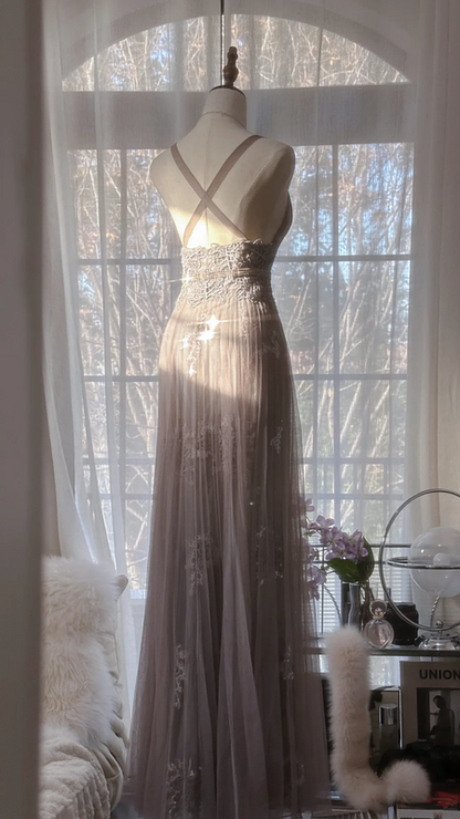 Grayish purple halter-neck fitted long ball gown R7686