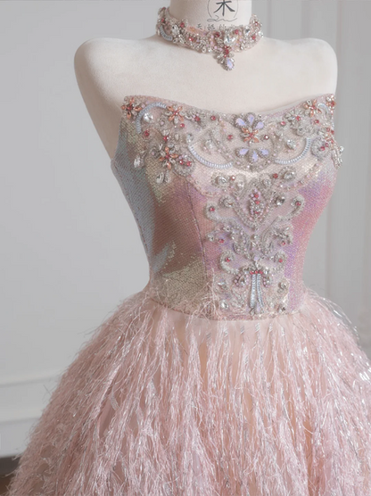 Light pink strapless, fitted waist, A-line skirt, long ball gown R8231