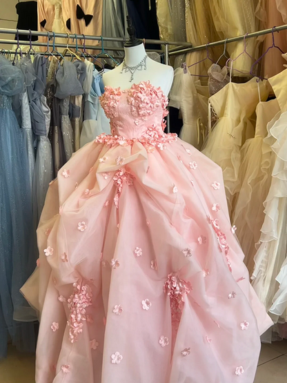 Light pink strapless fitted waist ball gown with a full skirt, bridal dress R8644