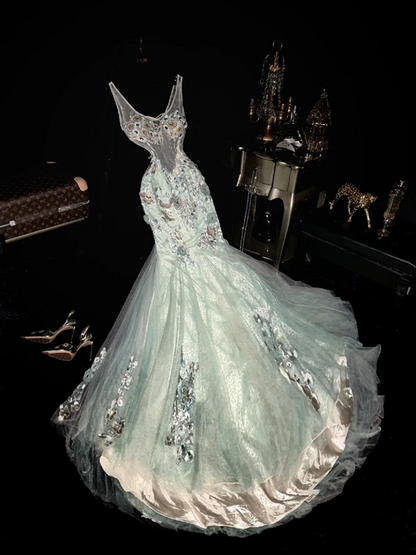 Light green halter-neck rhinestone fitted long ball gown R6890