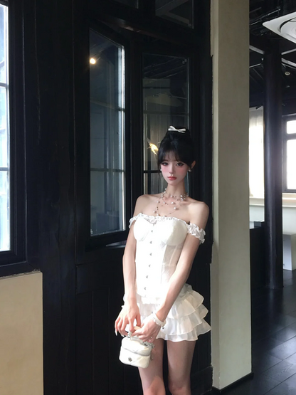 White suspenders waist slim fishbone top cake mini skirt homecoming dress R5079