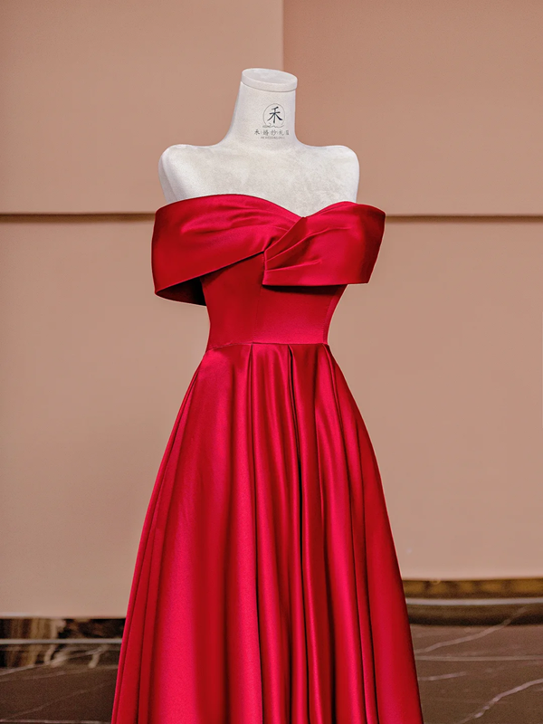 Red off-the-shoulder fitted long ball gown, bridal dress R8426