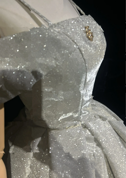 Silver sequined strapless one-shoulder slim waist A-line short dress for homecoming R4878