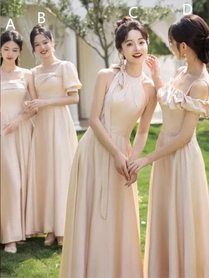 Champagne satin slim waist long ball gown, bridesmaid dress R6113