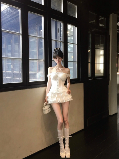 White suspenders waist slim fishbone top cake mini skirt homecoming dress R5079
