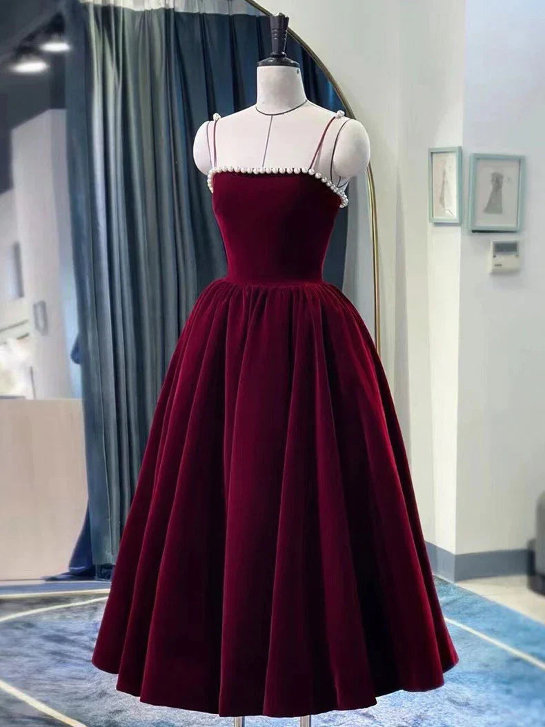 Retro Burgundy Beaded Spaghetti Strap Design A-line Velvet Party Dress Homecoming Dress D1541