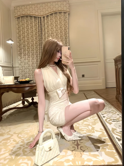 White halter neck slim waist hip sexy short skirt homecoming dress R4229
