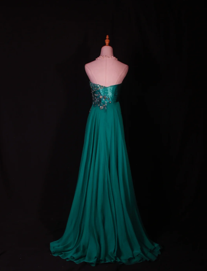 Fashion Strapless Green Satin Beaded  Birthday Prom Dress Embroidery Floral Mermaid Long Evening Dress D2281