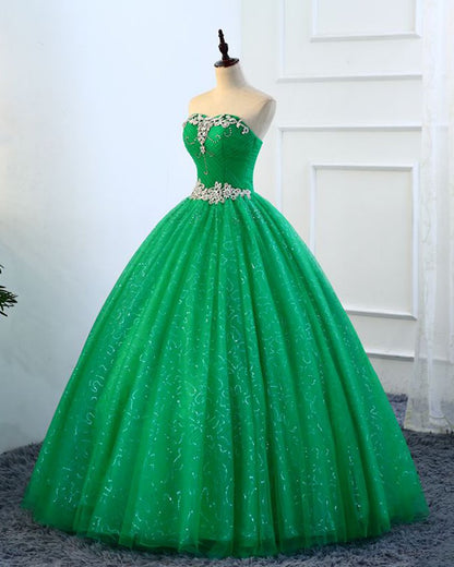 Strapless Green Sequins Tulle Long A Line Beaded Prom Dress, Formal Dress M5445
