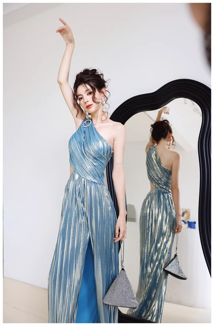 Sexy One Shoulder Satin Pleated Slit Long Wedding Guest Dress Blue Birthday Prom Dress Evening Gown