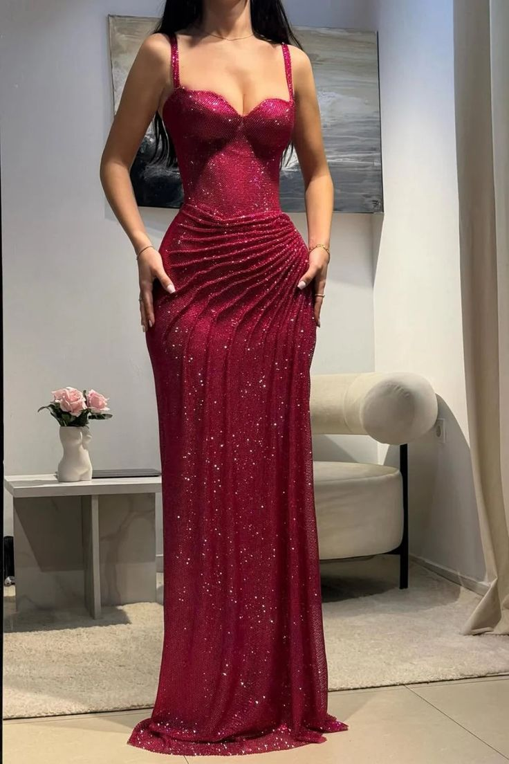 Gorgeous Hot Pink Spaghetti Straps Sequin Pleated Slit Mermaid Evening Dress Formal Prom Gown SP547