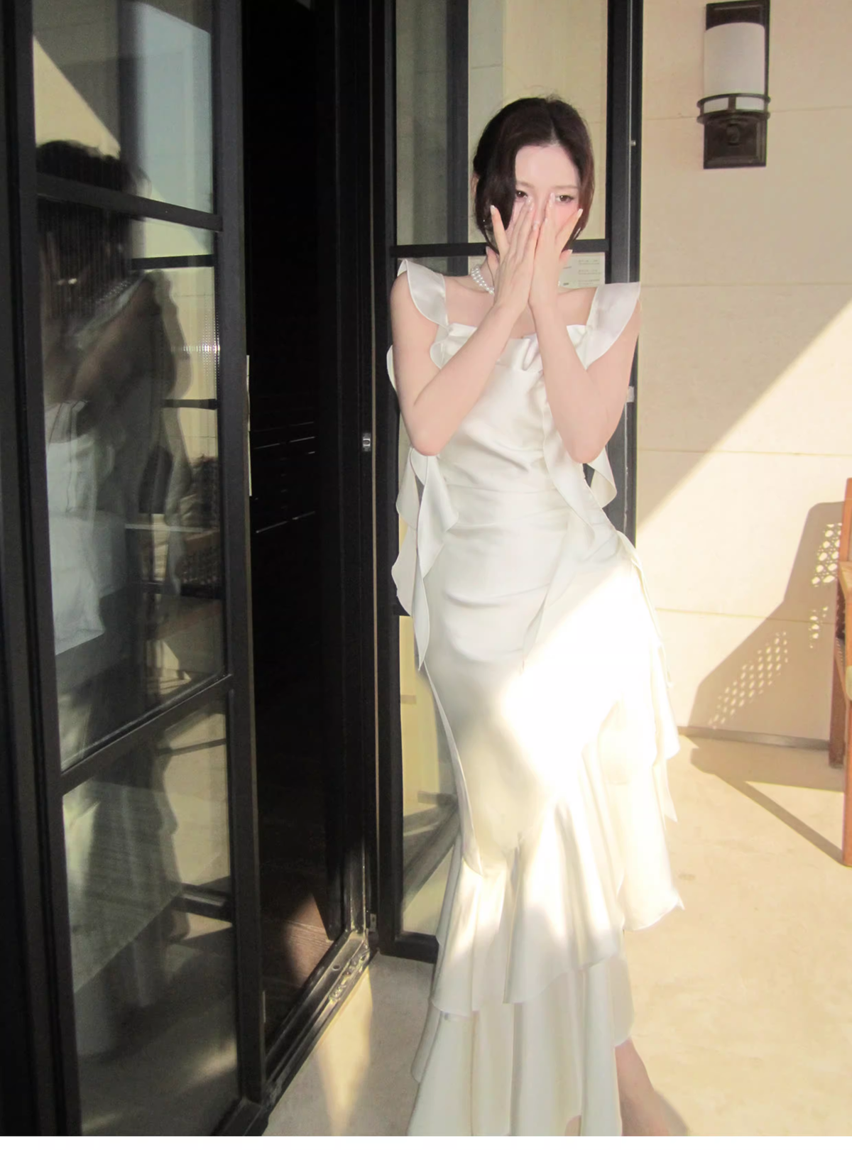 Elegant White Satin Ruffles Layered Mermaid Long Party Dress Prom Gown Formal Wedding Guest Dress SP1499