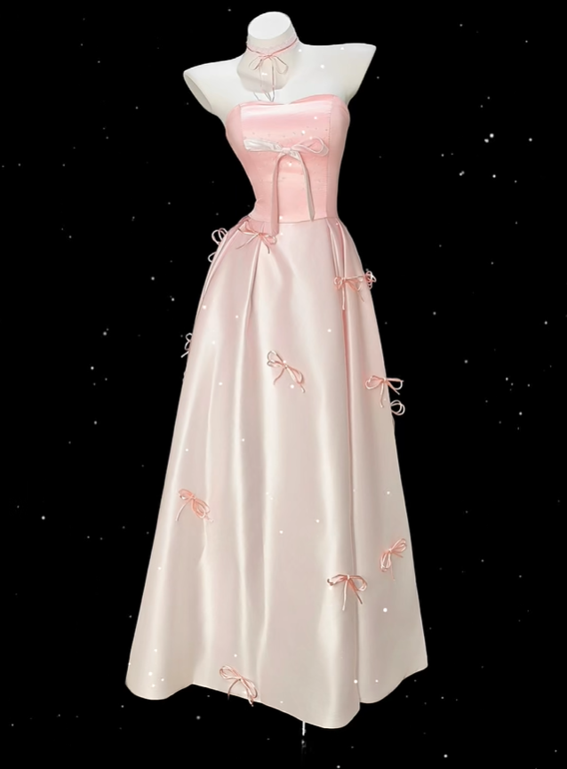 Pretty Ombre Pink Strapless Satin Bow A Line Long Party Dress Birthday Prom Dress D2354