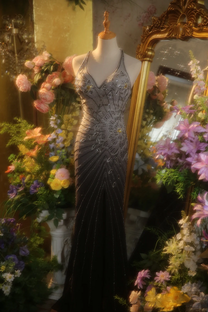 Gray gradient halter-neck fitted waist sexy long ball gown R7263