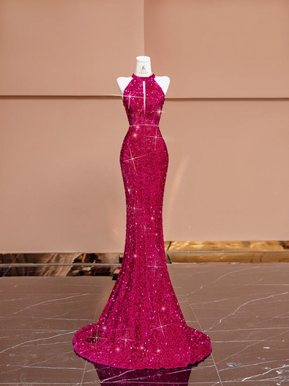 Rose pink halter neck fitted waist bodycon long ball gown/bridal dress R8396