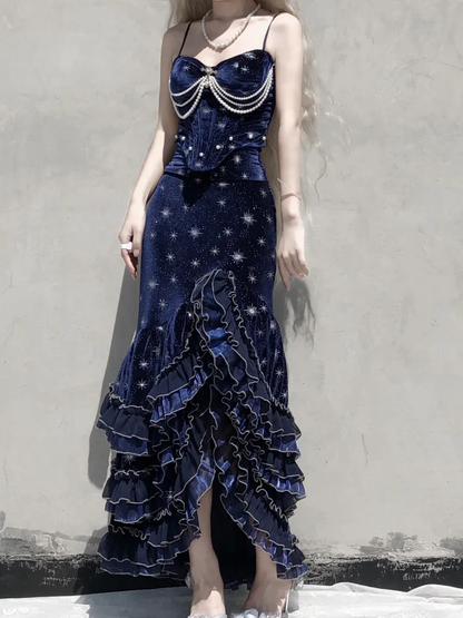 Prom Dress Dark Navy Spaghetti Straps Mermaid Layers Ruffles Sexy Evening Dress Birthday Outfits, D827