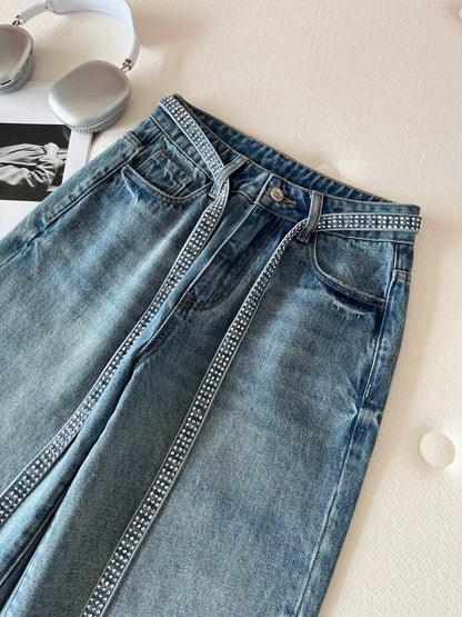 CC Rhinestone Belt Wide-Leg Jeans Blue Denim 351177