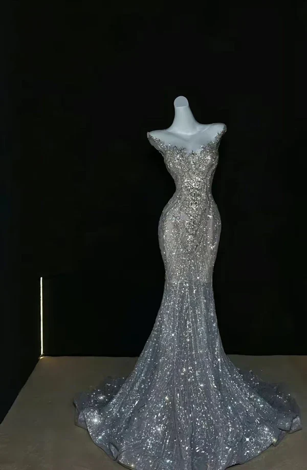 Silver gorgeous shiny fashion long sequin mermaid floor length fishtail dress prom dress, evening dress, party dress  fg8548