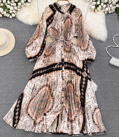Light luxury temperament lantern long sleeve round neck waist single breasted print elegant dress R0403