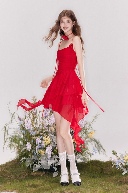 French flower tie ruffled collar suspender dress R4542