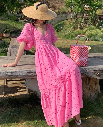 Retro lace heavy long French embroidery hollow V-neck puff sleeve loose fishtail dress R0180
