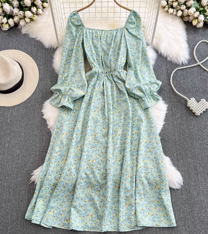 Gentle style long sleeves square neck waist slimming slit A-line print dress elegant long skirt R0355