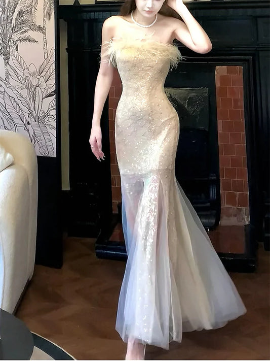 Feather strapless mermaid dress long party dress       S6033