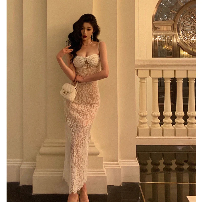 Sexy lace suspender dress new design long party dress     S5644