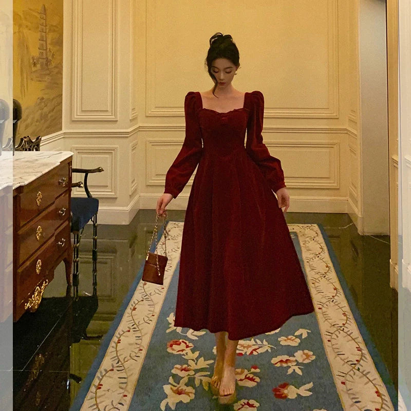 Red square neck velvet dress new French style party dress     S5663