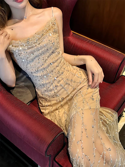 Heavy diamond suspender dress mermaid long party dress       S6159