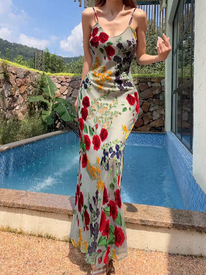 spaghetti straps flower dress new long party dress    S6055