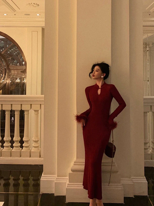 Red cheongsam style knitted dress winter new  Chinese style long party dress     S5633